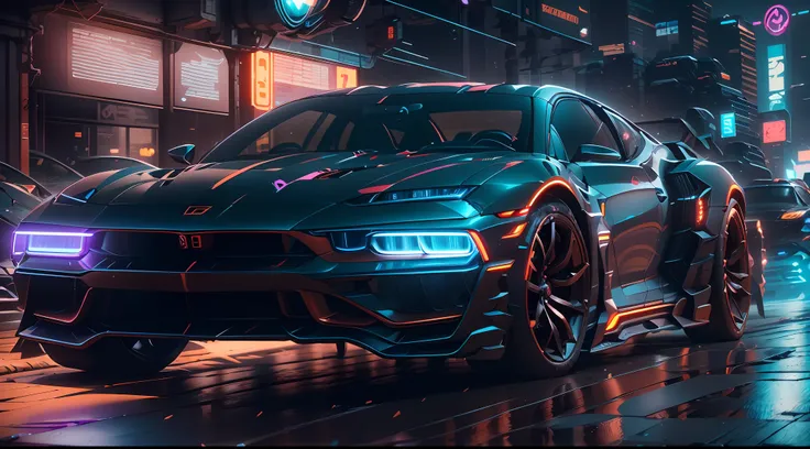 a close up of a car on a city street at night, cyberpunk art by Adrian Zingg, cgsociety contest winner, futurism, hyper-realistic cyberpunk style, cyberpunk car, dark futuristic, cyberpunk garage on jupiter, 8k octane 3d render, cyberpunk art ultrarealisti...