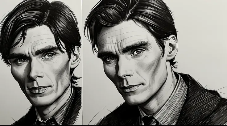 "produce a highly detailed and lifelike pencil sketch of the actor cillian murphy. focus on capturing murphy's distinctive featu...