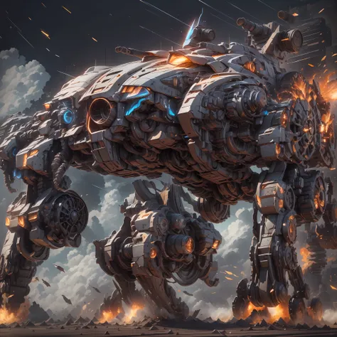 (Super mech sports car)、chariot,Sports cars,Back with a large amount of energy short barrels,Face the camera,Buildings、Energy cannon fire、Tall and mighty、strong armor、future-tech、Sharp lines、Dynamic styling、Mechanical joints、Armor plates、sensor、Energy weap...