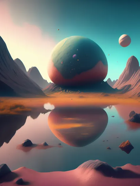 a gem filled flat world, planets, octane render, surreal