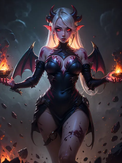 adult, succubus, red skin, glowing red eyes:1.3), hell background, (colored skin:1.1), cowboy shot