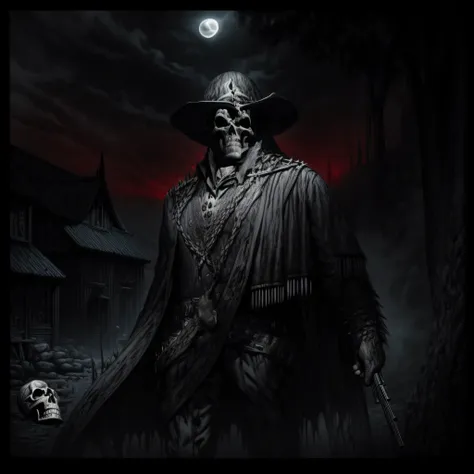 dark country album cover, with a skull-faced man in the moonlight holding an art-style pistol of engraving, monochrome, cool col...