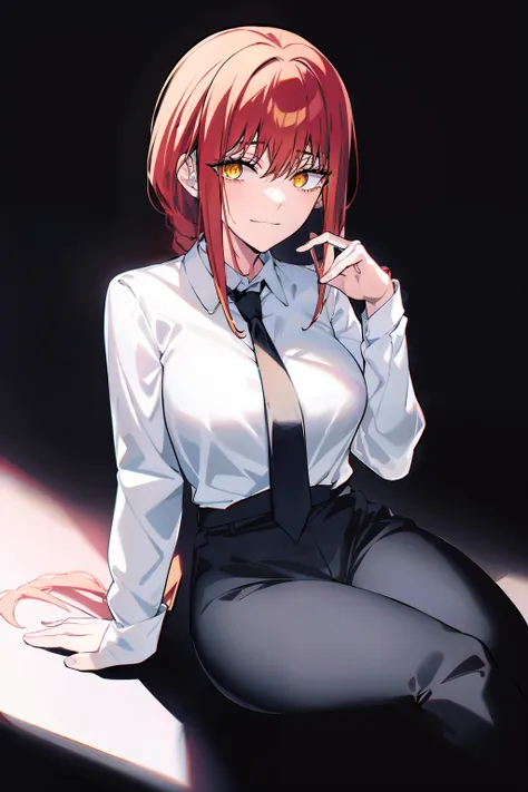 makima\(chainsaw man\), long sleeves, red hair, solo, looking at viewer, black pants, crossed legs, yellow eyes, 1girl, white sh...