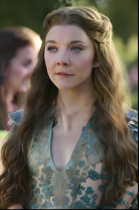 a woman with long hair and a blue dress standing in a field, natalie dormer, estilo de game of thrones, natalie dormer as venus,...