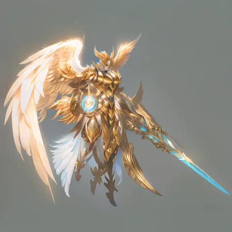 a close-up of a valkyrie holding a long sword and shield, angelic golden armor, armor angle with wing, mecha wings, seraphim, go...