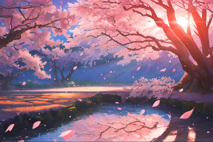 (photorealistic:1.2), illustratio：hidenori matsubara, a vibrant fantasy landscape, cherry blossom petals falling, illuminated by...