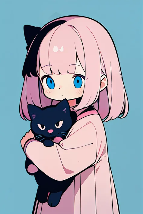 a cute little girl holding a gray cat，pink hair，face near - up，looking at viewert，the upper body of the character，flatillustrati...