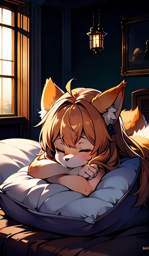 furry,1 fox girl,soft fluff， adolable, go to bed, eye closeds, (freckle:0.2), lie down in bed, headrest on the pillow, bedrooms,...