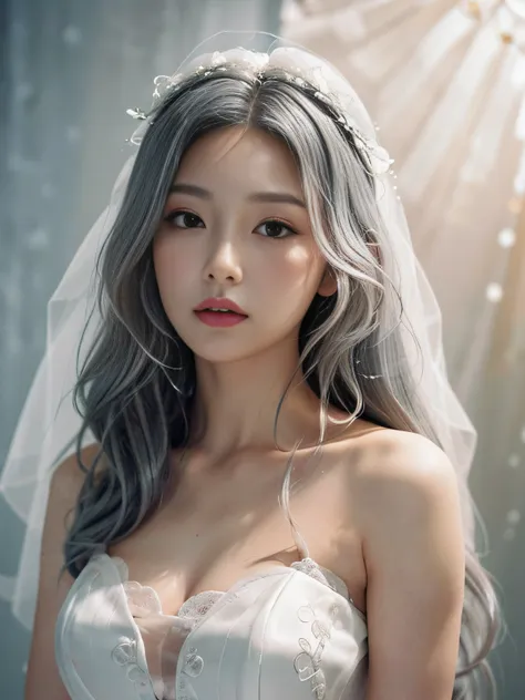 (grey hair, soft waves hair, blush, very much lip gloss, many eyelashes, upturned eyes), (photorealistic:1.2), a woman in white ...