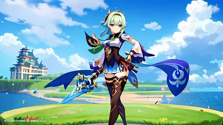 Anime girl in green holding a sword in front of the castle, Ayaka Genshin impact, Keqing from Genshin Impact, Genshin impacts character, Genshin, from bravely default ii, Stylized anime, zhongli from genshin impact, ayaka game genshin impact, Also, Genshin...