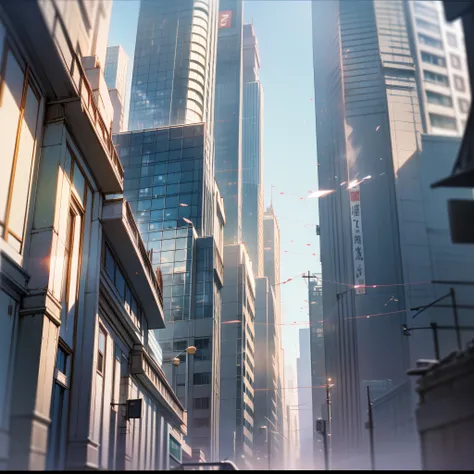 (Translucent blur:1.1,Mystery style:1.3, Japanese anime:1.2, Light:1.2, shadings:1.2, in mecha style:0.9, higher details:1.1), Under blue skies，An illusory building appears，The blurred figure reveals a sense of mystery，The unclear rendering perfectly inter...