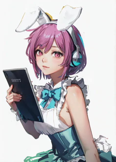 pink anime girl holding tablet with rabbit ears,dressed in elaborate maid attire，beautiful gauze dress，bring a gaming headset，we...