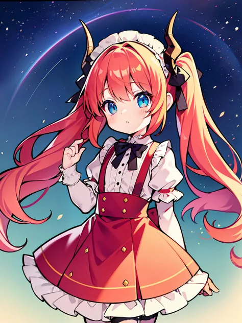 {{best quality}}, {{masterpiece}}, {{ultra-detailed}}, {illustration}, {detailed light}, red hair,blue eyes,twintails,lolita,Suspenders skirt,Fantastic,loli,solo,Dragon horns,little girl,long hair