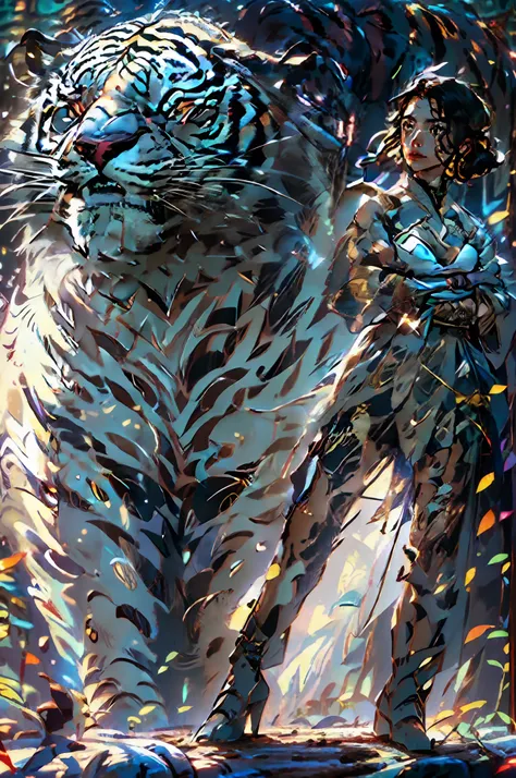 (a detailed close-up shot) of a woman (with a) large majestic white tiger, power fighting stance, impressive and captivating war...