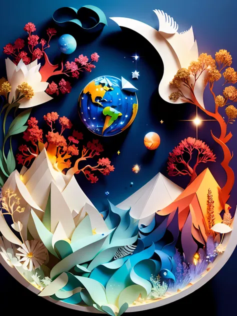 (((masterpiece))),best quality, illustration, earth, water ,fire, wind , space  , paper_cut,