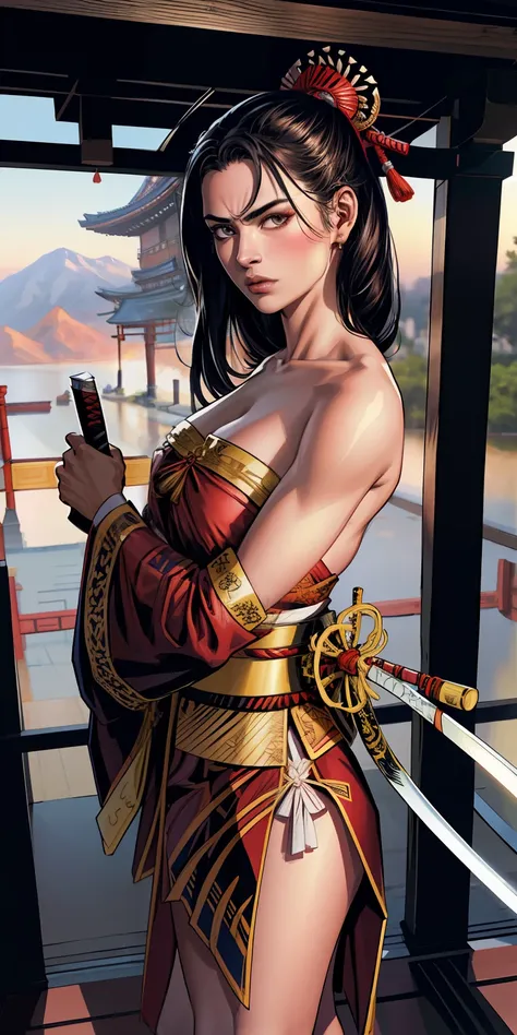 "(extremamente detalhado CG unidade 8k papel de parede, obra-prima, melhor qualidade, ultra-detalhado), (escondido nas sombras, luz brilhando em seu rosto), (ancient Japan) no fundo, samurai, homem de 40 anos, vestido de kimono, espada katana na cintura, f...