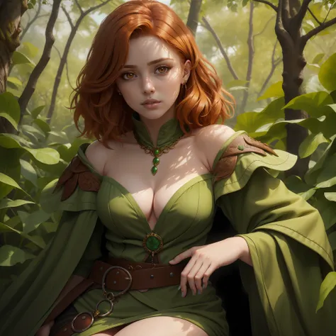 a  portrait of a durable [babe|temptress] , druid, leaf robe, perfect face, pretty face, brown eyes, auburn hair, Hi-top fade, very short hair, flat chest, lush detail, absurdres, clothes made of leaves