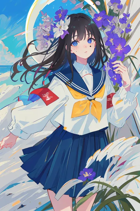 original,extremely delicate and beautiful,((beautiful detailed eyes)),(1girll), black hair, flower, school uniform, looking_at_p...