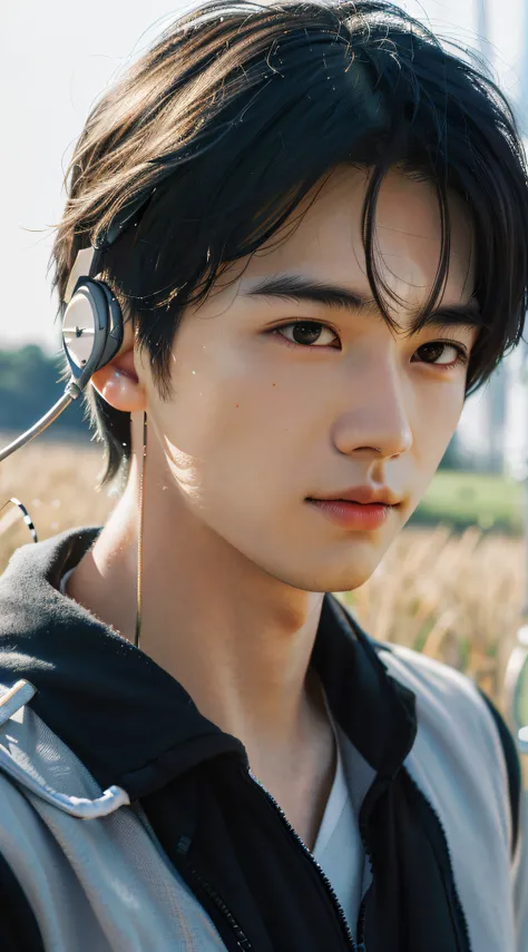 Asian man standing in field wearing headphones, Shin Jinying, jinyoung shin aesthetic, Cai Xukun, inspired by jeonseok lee, Inspired by Bian Shoumin, Kim Do-young, close up portrait shot, hyung tae, wan adorable korean face, Male ulzzang, close - up portra...
