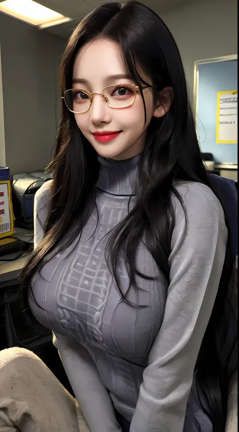 masterpiece, best quality, detailed face, detailed eyes, HULisa, black hair, glasses, open breast ribbed sweater, turtleneck, smile, nervous, indoors, office, school, mature female, 1girl, gigantic boobs
