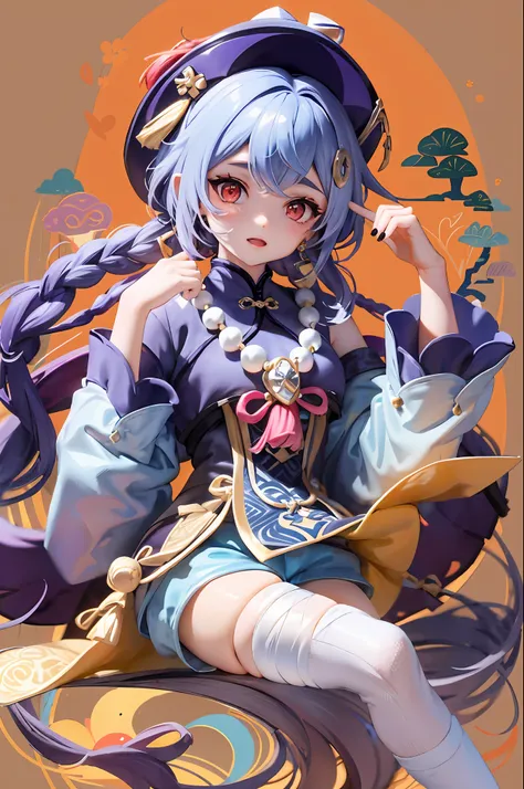 kiki (genshin impact),1girll,ofuda,jiangshit,mao qingguan,braid,hats，spell，blue hair,long hair,red eyes,hair adornments,earrings...