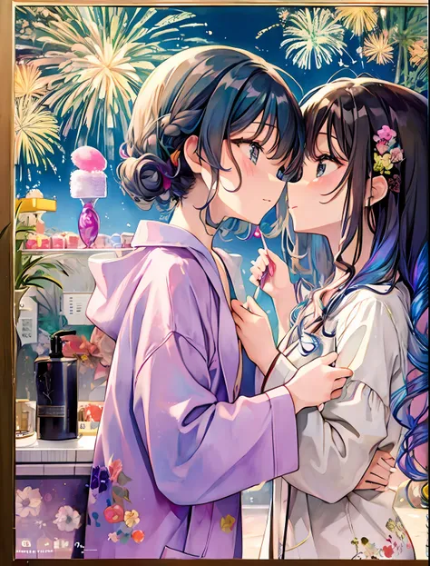 sparklers、Fireworks Festival、skyrocket、Yumekawa 、Cute as a dream、a pale、Moya、(masterpiece、top-quality、top-quality、watercolor paiting(Curly)、The upper part of the body、the kiss、lesbian、bathrobe、Changing clothes、patterns、BREAK、(Twin-tailed iridescent hair:1...