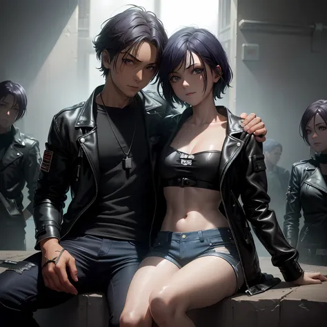 two people sitting on the windowsill，and a woman in a leather jacket, masayoshi suto and artgerm, guviz-style artwork, anime cyb...