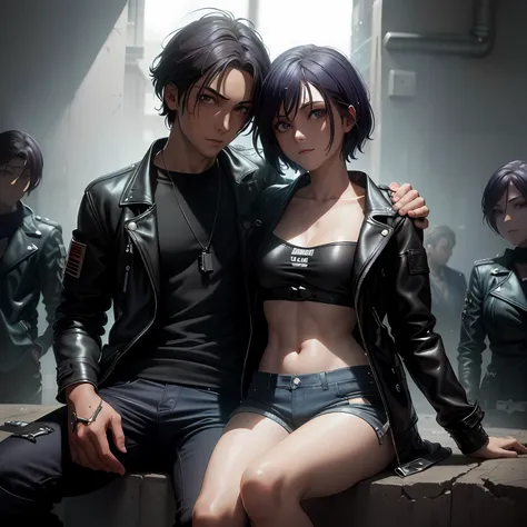 two people sitting on the windowsill，and a woman in a leather jacket, masayoshi suto and artgerm, guviz-style artwork, anime cyb...