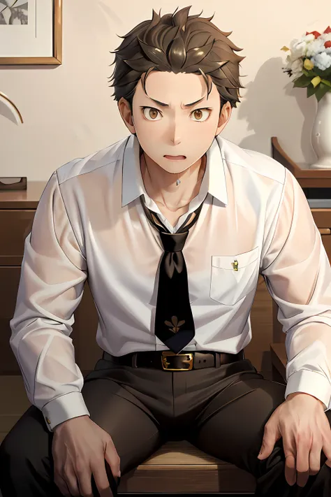 (1 Adult male),A high resolution, Sharp focus, Pixiv masterpiece, ((Complicated details)), highly detailed, natsuki_subaru, 1 man, with her mouth open,drools,full bodyesbian, Golden eyes(eyes glowing), with short golden hair,white shirt,Wear a tie,Wear a...