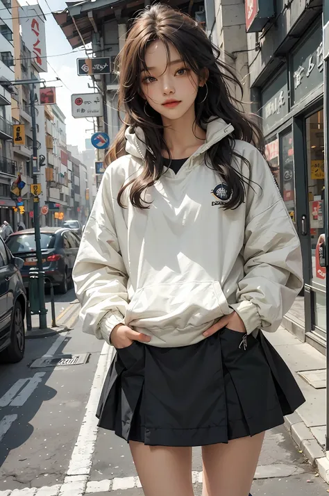 one long hair girl，stylish sweatshirt, windbreaker long skirt，poster on the front，the color of the clothes is bright and simple，...