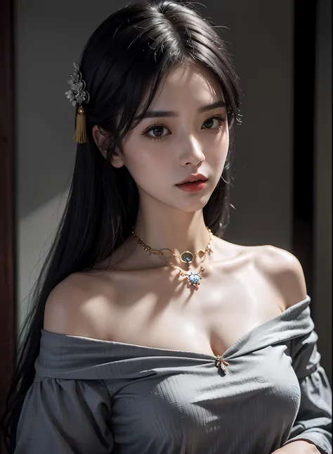 best quality, masterpiece, ultra high resolution, (realistic:1.4), 1 girl, off-the-shoulder shirt, ((traditional chinese costume...