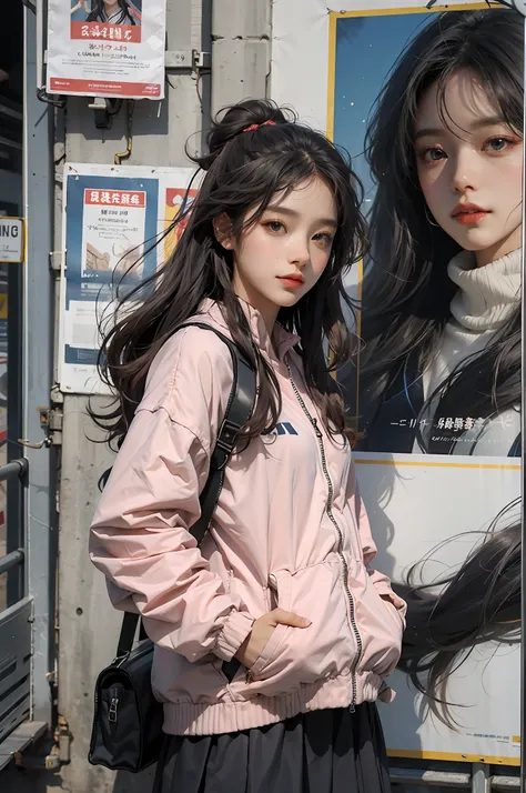 One long hair Girl,Stylish sweatshirt, Windbreaker long skirt,Poster on the front,Poster Chinese,The color of the clothes is bright and simple,Cute, Very aesthetic,Realistic style anime,ssmile,self-assured,Put your hands in your pockets,tmasterpiece,ultrac...