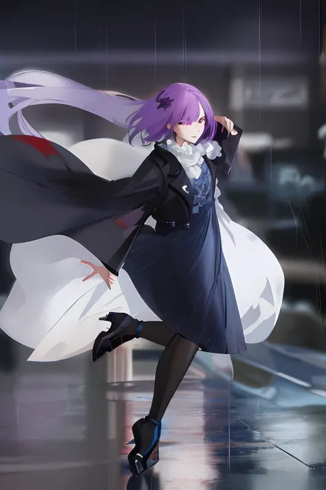 purple-haired girl，dancing in the rain，rain splashed，aethereal