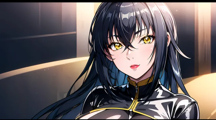 professional artwork, Intricate Details, field of view, sharp focus, detailed painting, photorealistic lighting, trending on pixiv, Standing at attention, black outfit ,yellow collared shirt,black and red bodysuit,skin_tight,black legwear, black pantyhose,...