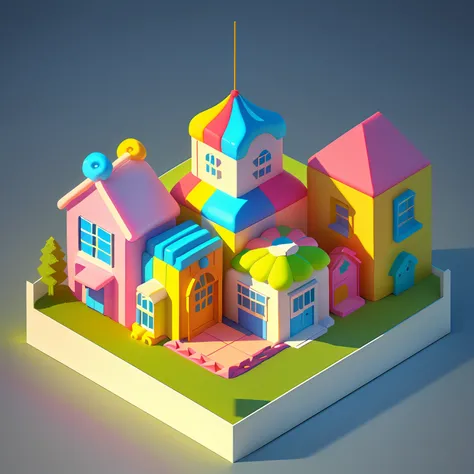 isometric house, (top-down 45-degree perspective), cartoon, candy house, colorful balloons, cute building, huge candy-like signboard, amusement park, blank background, clear structure, correct light and shadow, 3D rendering