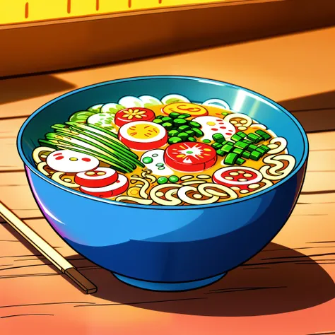 up close shot of a delicious bowl of ramen on a kitchen table, detailed illustration, cartoon, in the style of gravityfalls,