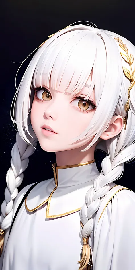 best quality, masterpiece,white hair, gold eyes,white clothes, looking up, upper body,hair strand,fair skin,side braids