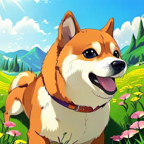 a beautiful photo a happy anime (doge:0.8), sunny summer day, landscape, (Masterpiece:1.2), (best quality:1.2), [high:smooth:10] detail, ((bright colours)), ultra graphics, cinematic dramatic light, intricate details, advanced perspective, perfect scene, s...
