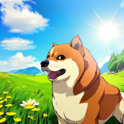 a beautiful photo a happy anime (doge:0.8), sunny summer day, landscape, (Masterpiece:1.2), (best quality:1.2), [high:smooth:10] detail, ((bright colours)), ultra graphics, cinematic dramatic light, intricate details, advanced perspective, perfect scene, s...