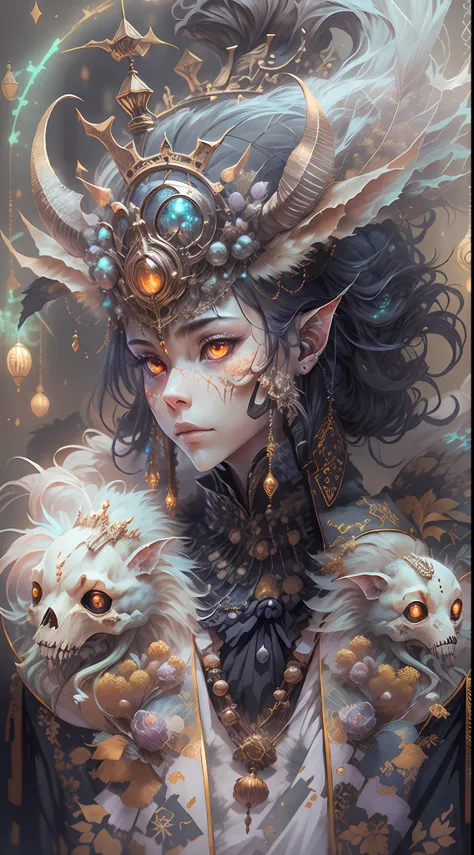 3D closeup of young handsome aristocrat - profile portrait with crown,Ram skull。Beautiful and complex Japanese crow, Fox mask and breadcrumbs Japanese kimono。a betta fish, jellyfish pheonix, Bio-luminescence, Plasma, icey, Eau, ventania, organism, Wu Ya an...