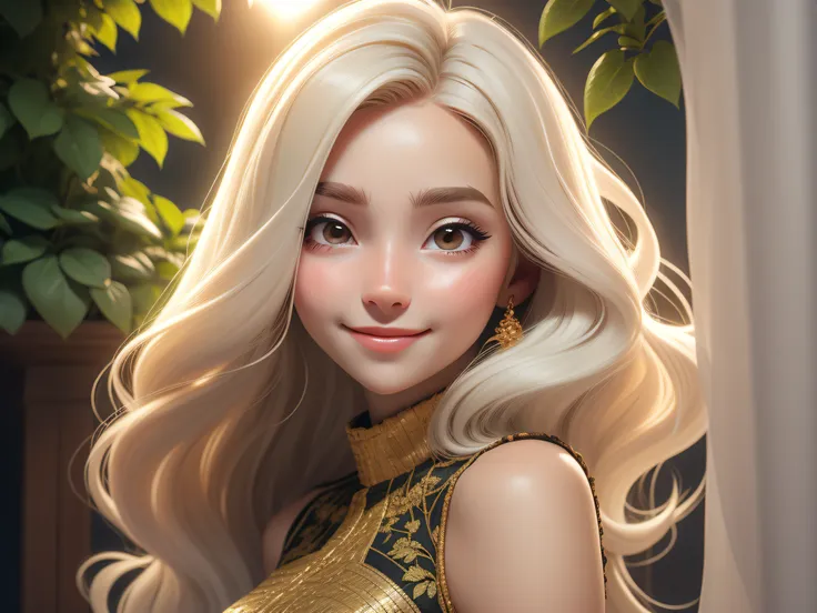 dynamic lighting, (((hanging gardens of babylon))), (cute:1.3), blonde hair, (pale skin:1.1), (soft smiling:1.1), detailed face,...