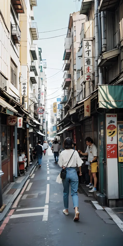 there are a lot of cars and people on the city streets, japan 1980s, downtown japan, streets of tokyo, streets of japan, vintage...