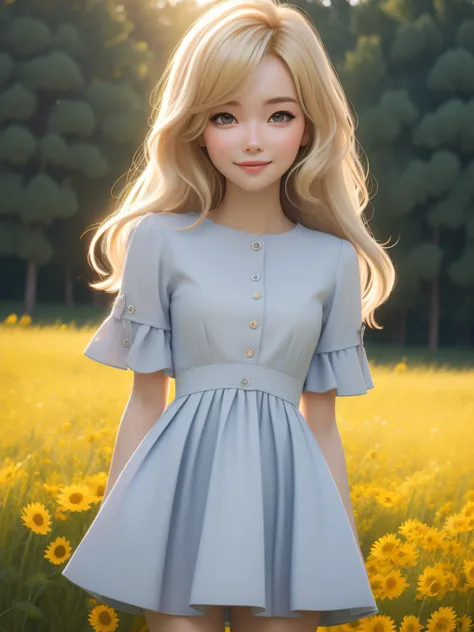 dynamic lighting, (((sunny field))), (cute:1.3), blonde hair, (pale skin:1.1), (soft smiling:1.1), detailed face, detailed gray eyes, detailed skin texture, mini red dress, on park, sun ray, by ilya kuvshinov, nina masic, sharp focus, natural lighting, sub...