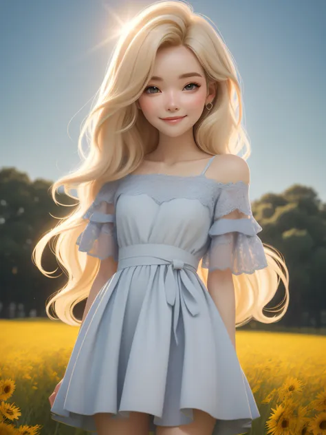 dynamic lighting, (((sunny field))), (cute:1.3), blonde hair, (pale skin:1.1), (soft smiling:1.1), detailed face, detailed gray ...