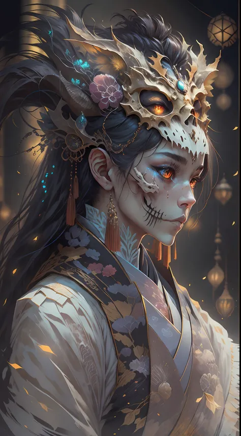 3D closeup of young handsome aristocrat - profile portrait with crown,Ram skull。Beautiful and complex Japanese crow, Fox mask and breadcrumbs Japanese kimono。a betta fish, jellyfish pheonix, Bio-luminescence, Plasma, icey, Eau, ventania, organism, Wu Ya an...