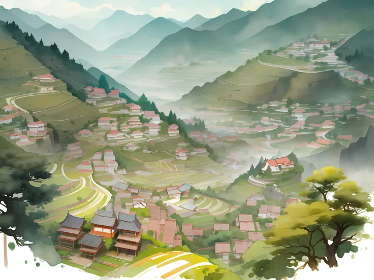 China Village,The mountains are high and the waters are deep,karst landscape,terraced,Farmers cultivate the land,bushes,Wooden mud tile house,rowing,watercolor paiting,Watercolor texture,Brush Strokes