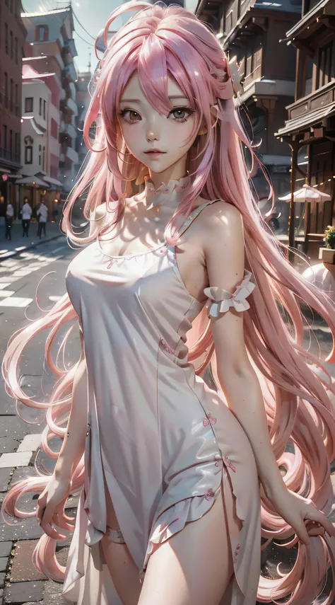 anime girl posing for photo with pink hair and white dress, slender leg，beautiful face，guviz, anime girl with long hair, beautif...