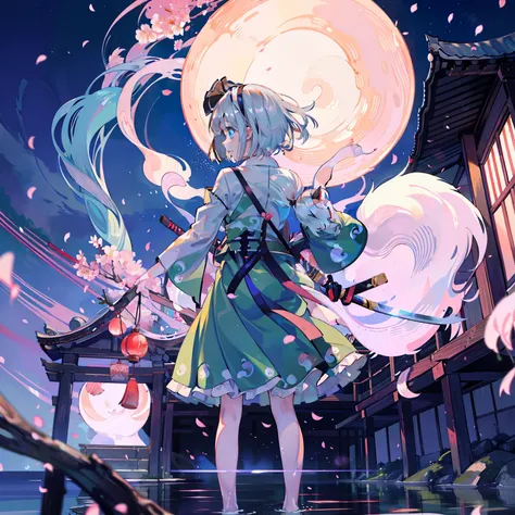 Illustration of Youmu Konpaku holding a Japanese sword, masterpiece, fine detail, 4k, 8k, 12k, solo, one person, beautiful girl, Caucasian female, Youmu Konpaku, Youmu Konpaku from behind, standing on water, cherry blossom petals on the ground, hell , lant...