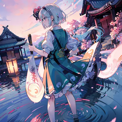 illustration of youmu konpaku holding a japanese sword, masterpiece, fine detail, 4k, 8k, 12k, solo, one person, beautiful girl,...