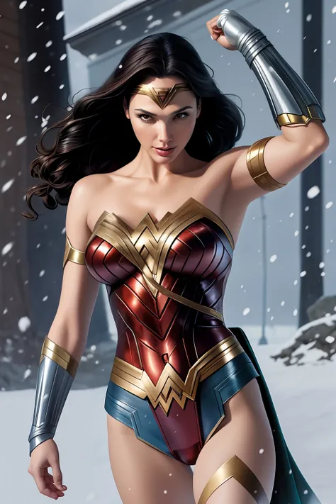 um close up de uma mulher fantasiada na neve, retrato da mulher maravilha, pintura sexy de gal gadot, mulher maravilha, como vis...